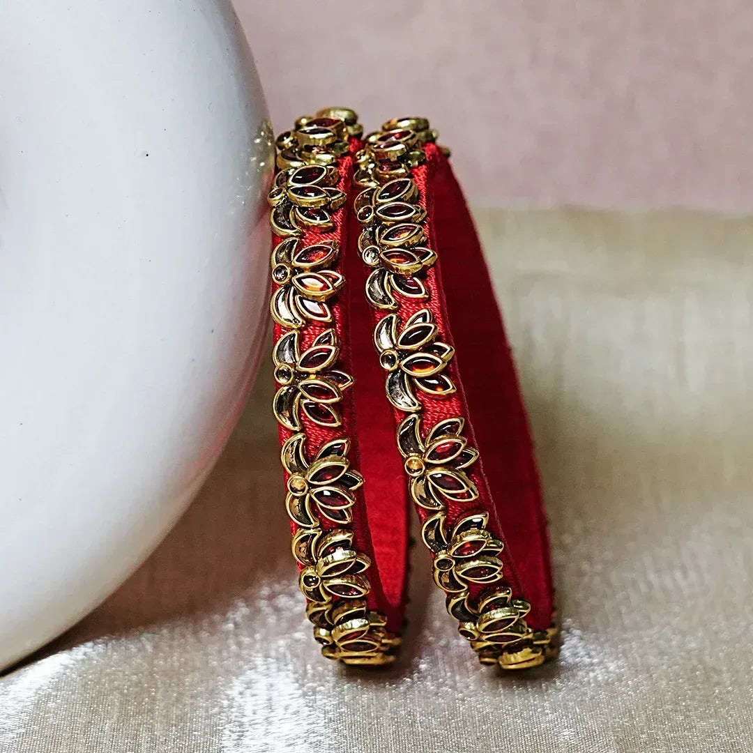 Handcrafted Silk Thread Kada Bangles with Lotus Motif for Women & Girls (Pack of 2) - The Golden Cascade